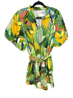 NWT Farm Rio Vintage Toucans Tropical Puff Sleeve Linen Romper Large MSRP $190